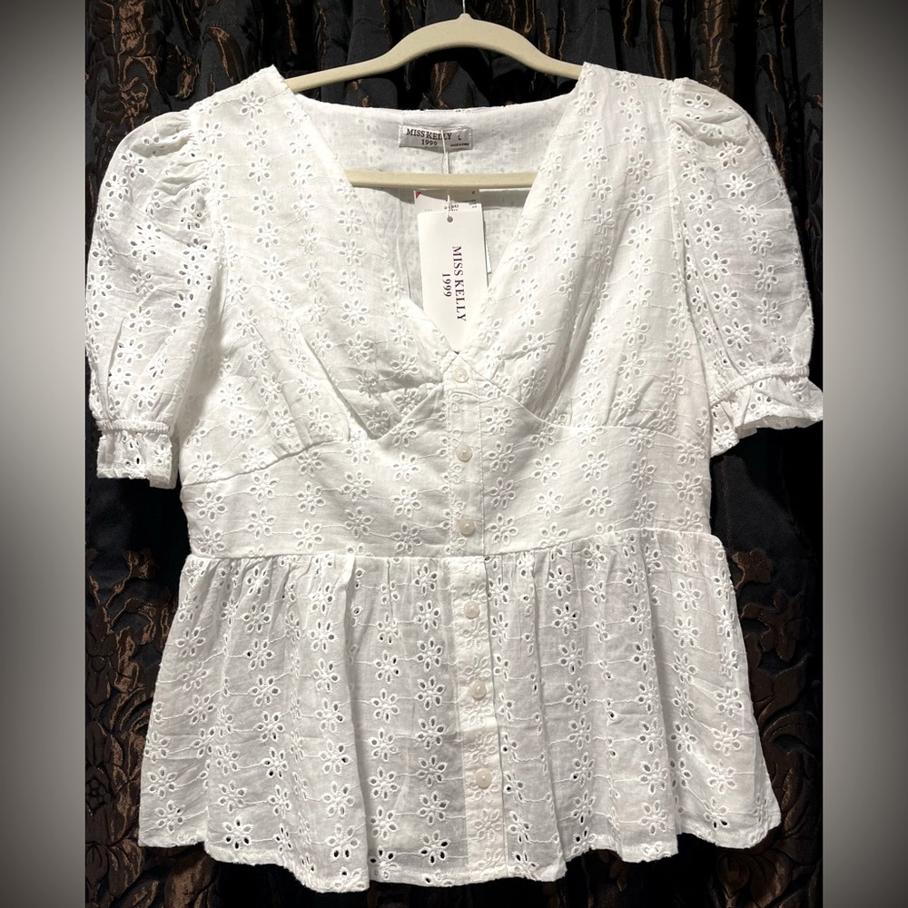 Brand New White Cotton Eyelet V-Neck Button Peplum Cinched Sleeves Blouse